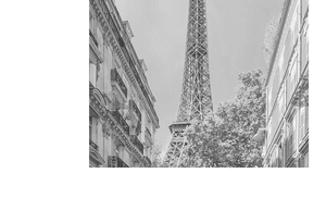Arte murale classica in bianco e nero della Torre Eiffel con balconi e alberi parigini