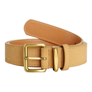 Detail of suede leather belt with vintage bronze square buckle and fine stitching