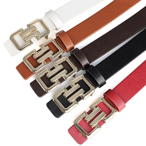 Minimalist slim leather belts for women with geometric gold double-ring interlocking buckle
