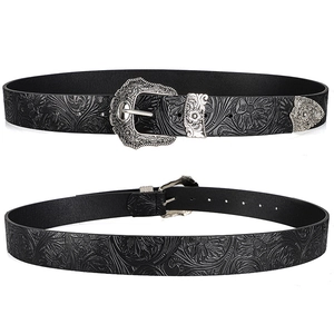 Western vintage black leather belt with embossed floral patterns and silver floral buckle