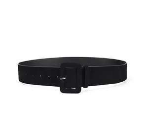 Close-up of black suede wide belt with matching fabric covered buckle and silver metal pin
