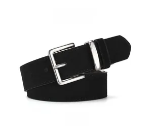 Detailed close-up of retro silver metal buckle and black suede texture of the belt