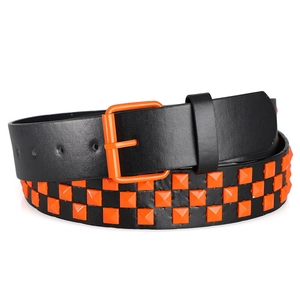Close-up of black leather Y2K belt with orange pyramid studs and matching pin buckle