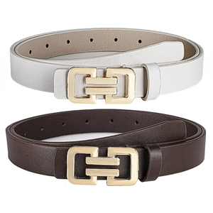 Minimalist women's thin leather belts in silver and brown with gold interlocking buckles