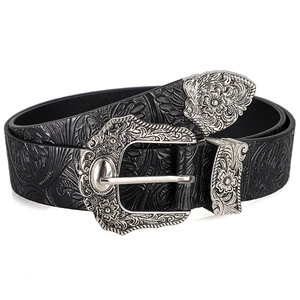 Retro Western leather belt with floral embossing and engraved silver metal buckle