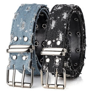 Punk Y2K denim belt with silver metal rivets, star sequins, and double-prong buckle