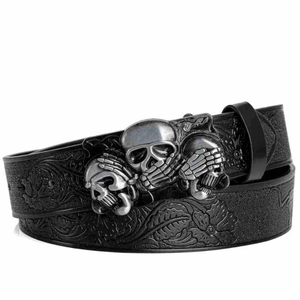Bohemian Punk Men Women Belt Vintage Cowboy Skull Alloy Buckle Black PU Leather Embossed Waist Belt For Jeans Casual Wear