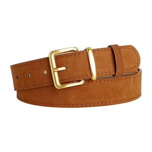 Close-up of brown suede belt with matte gold square buckle and reinforced stitching