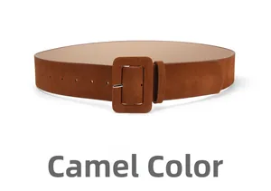 Close-up of camel suede wide waist belt with matching square pin buckle for women