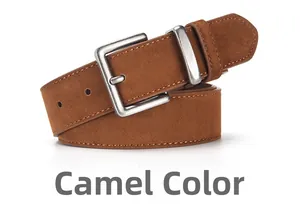 Detail of camel suede belt featuring vintage silver buckle and neat edge stitching