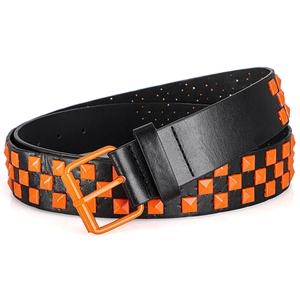 Y2K punk rock style black leather belt featuring three rows of orange square studs