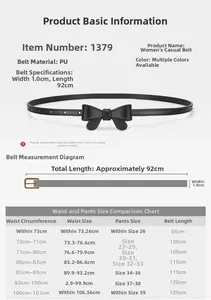Guide des tailles pour ceinture fine en cuir PU pour femme avec mesures de taille détaillées