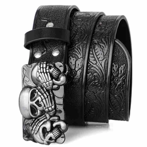 Bohemian black leather belt with embossed floral pattern and vintage skull metal buckle