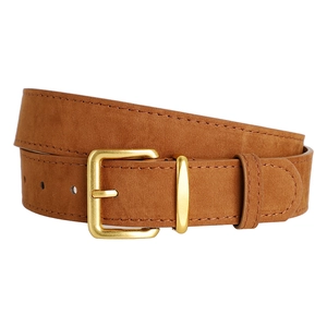 Macro detail of brown suede belt with golden square buckle and fine stitching