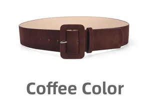 Detail of coffee brown suede wide belt featuring a large matching rectangular buckle