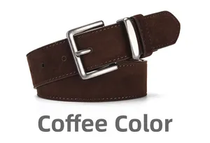 Close-up of brown suede belt with brushed metal pin buckle and stitching details