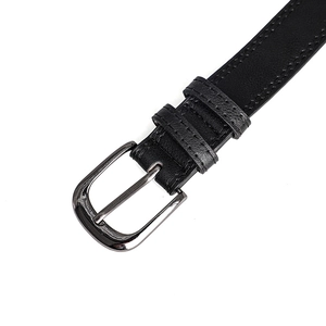 Close-up of black leather belt featuring double-stitched edges and a gunmetal buckle