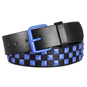 Close-up of Y2K punk belt featuring three rows of blue pyramid studs and matching buckle