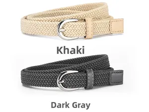 Dettaglio di cinture elastiche intrecciate cachi e grigio scuro con fibbie metalliche