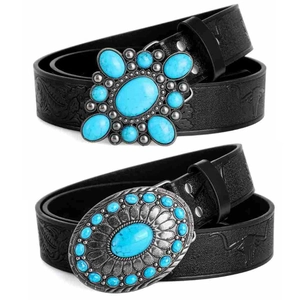 Bohemian Western Cowboy Belt Vintage Punk Turquoise Alloy Buckle Embossed Black Faux Leather Waist Belt For Men Women