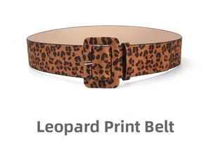 Detail of camel leopard print belt with a matching square buckle and suede texture