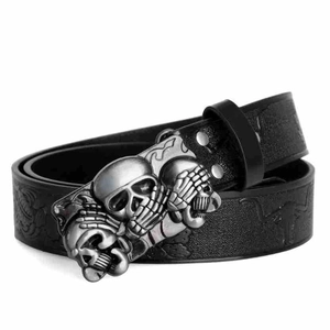 Bohemian black leather belt with large vintage silver punk skull buckle for men