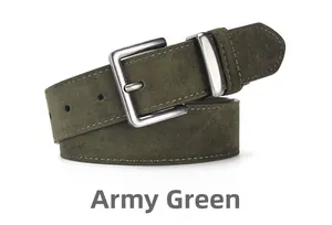 Close-up of army green frosted suede leather belt with vintage matte silver pin buckle
