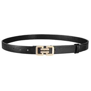 Minimalist black leather belt for women featuring a gold double rectangle buckle on white