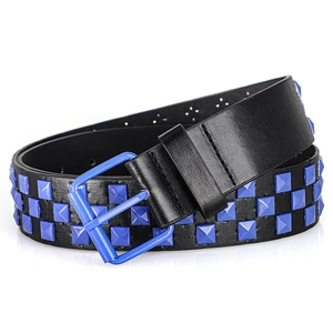Close-up of black leather Y2K belt featuring three rows of blue square rivets and buckle