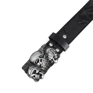 Vintage punk black leather belt featuring three skulls buckle and embossed floral patterns