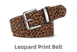 Detail of leopard print camel belt featuring a silver square pin buckle and suede texture