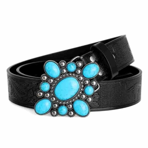 Bohemian black leather belt with embossed patterns and turquoise stone buckle
