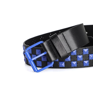 Detail of black leather belt with blue square studs and matte blue pin buckle