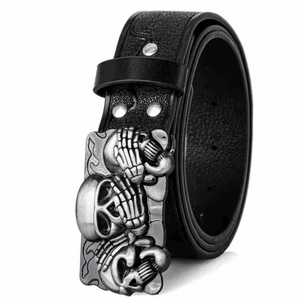 Bohemian black leather belt for men featuring a vintage silver triple skull alloy buckle