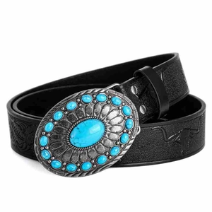 Bohemian black leather belt with embossed steer skull and turquoise alloy buckle
