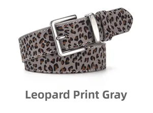 Detail of leopard print belt in grey leather with silver square buckle and white stitching