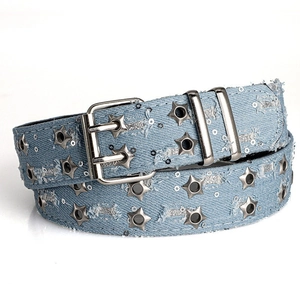 Light blue denim belt featuring double rows of star metal eyelets and double prong buckle