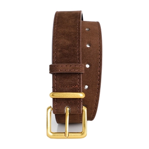 Detailed view of the dark brown suede leather belt with a brushed gold metal buckle