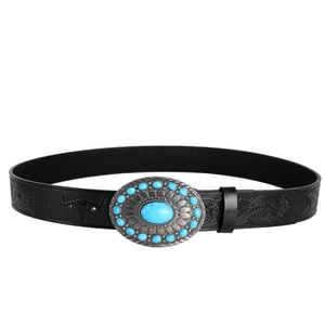 Bohemian black leather belt with embossed cow skull patterns and turquoise metal buckle