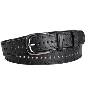 Classic black leather belt with silver horseshoe buckle for jeans and casual wear