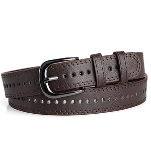 Classic dark brown leather belt with vintage horseshoe pin buckle and textured finish