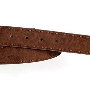 Detailed close-up of dark brown suede belt with fine stitching and adjustment holes