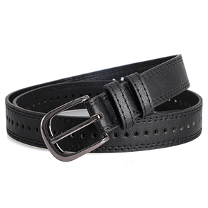 Classic black leather belt with D-ring metal buckle and double stitching for jeans