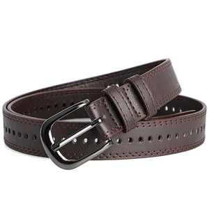 Vintage unisex dark brown leather belt with retro buckle for casual jeans and fashion outfits
