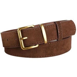 Classic dark brown suede leather belt with a brushed brass square buckle for outfits