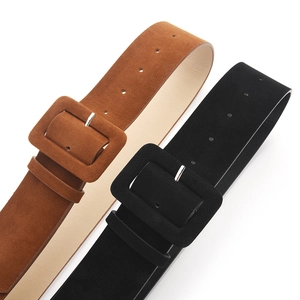 Versatile wide suede waist belts for women in black and brown with large square buckles