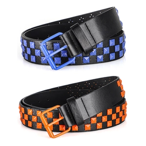 Y2K punk rock style belt with colorful square studs in vibrant blue and orange leather