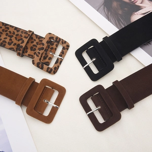 Vintage wide suede belts with large square buckles in leopard, black, camel, and brown