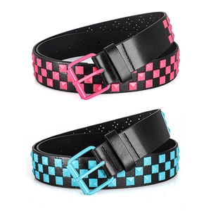Punk Y2K style black waist belts with colorful square rivets in pink and blue variations