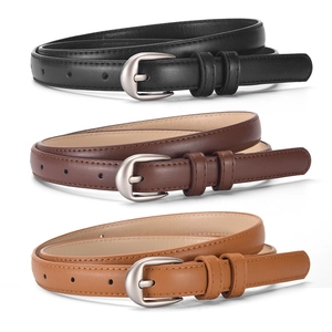 Trois ceintures fines minimalistes en cuir pour femmes noir marron chameau boucles argent